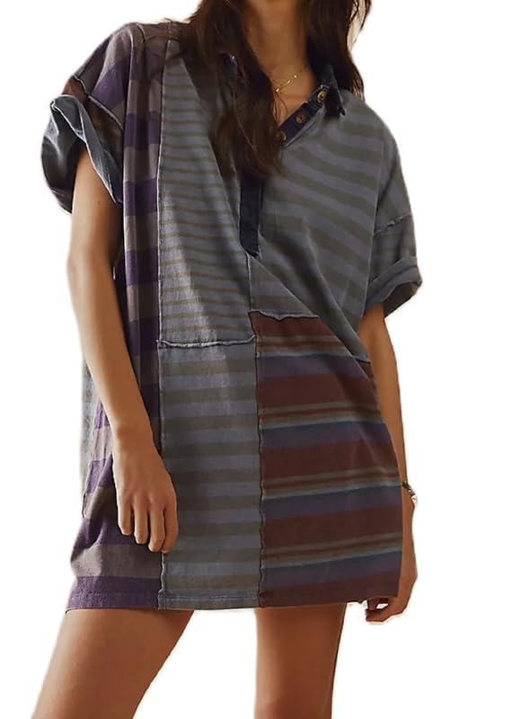 Image of NUFIWI Y2K Striped Shirt Mini Dress for Women Oversized Stripe Tunic Tshirt Dresses Short Sleeve Buttons Loose Fit Tee Dress, Small, Gray