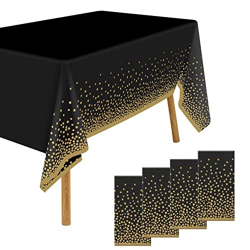 Disposable Plastic Tablecloths and Satin Table Runner,MonoTele Waterproof Gold Dots Table Cover(54 x 108'') and Gold Table Runner(12 x 108''),Decorations for indoor/outdoor Parties (Black&Gold(4Pack))