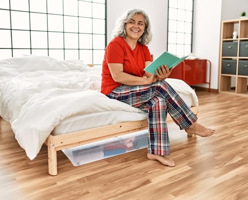 LIVINJA Unterbettbox mit Rollen, 2er Set Unterbett Aufbewahrungsbox, 78 x 38 x 16 cm (32 Liter) - Geteilter Deckel, Clip-Verschlüsse, Transparent, Hergestellt in der EU