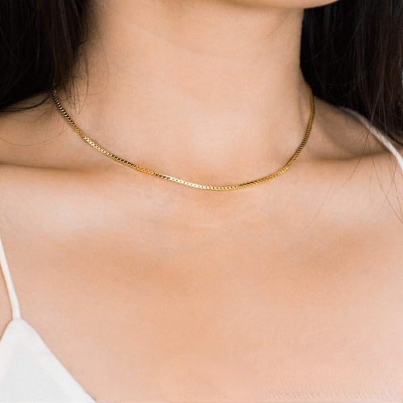 14K Solid Yellow Gold Box Chain Necklace for Women, Available in 0.6mm/1mm Widths and 16-30 Inch Lengths4