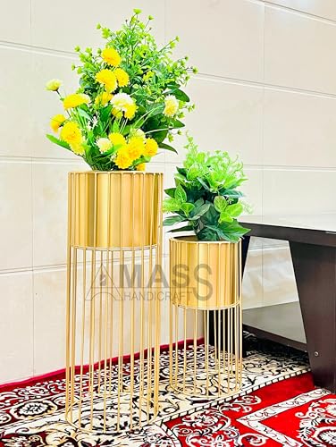 Image of Modern Metal Decorative Floor Standing White And Gold Indoor Outdoor Plant Stand With Pot For Home Decor Living Room Office Bedroom Balcony Set of 2 Flower Pots (Gold)