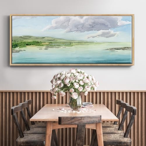 Renditions Gallery Floater Frame Nature Wall Art Green Hills By the Water Abstract Paintings for Restaurant School Farmhouse - 24"x60" Natural Frame LT619 by Renditions Gallery - Used condition - Image 6