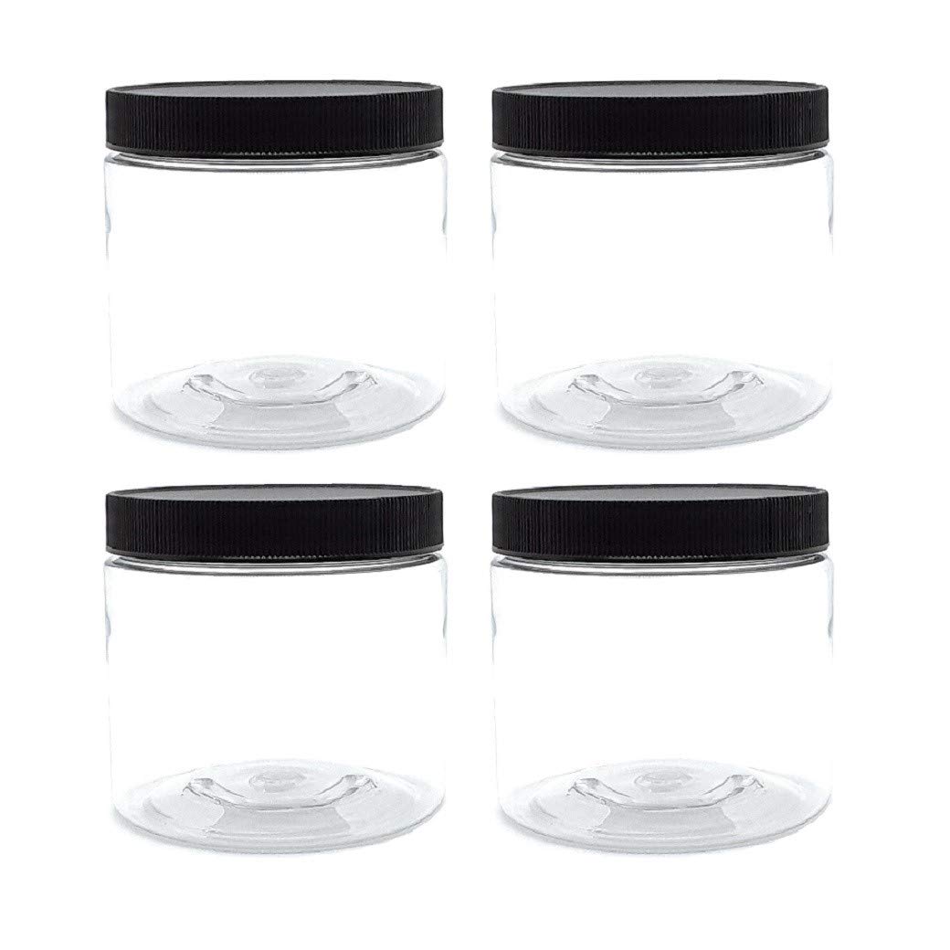 Clear Plastic Jars 16 ounce with Black Lids (4-Pack) Refillable Empty Storage Containers with Lids for Cream, Lotions, Beauty Products, Kitchen, Arts Crafts Supplies