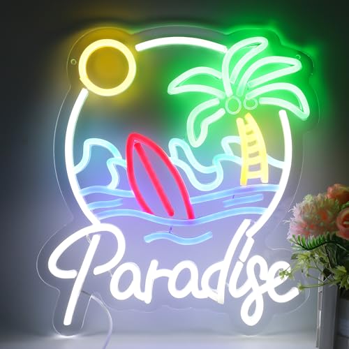 Image of Palm Tree Paradise Neon Sign - Tropical Neon Lights Wall Decor for Bedroom, Living Room, Bar, Party, or Home Office - Relaxing Summer Vibes LED Light