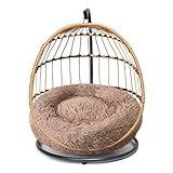 SWITTE Cat Hammock Chair Bed - Removable & Washable Cushion, Hanging Rattan Swing for Indoor Outdoor Cats & Small Dogs - Khaki