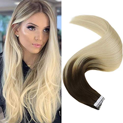 Moresoo 18 Inch Tape in Hair Extensions Remy Weft Real Skin Balayage Color #2 Darkest Brown Fading to #60 Platinum Blonde Straight Tape in Hair Extensions Thick Tape in Extensions