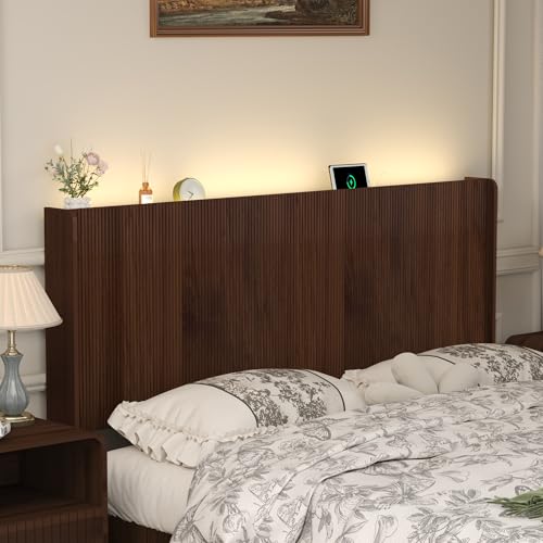 KOZIDO King Size Headboard Only, Fluted Wall-Mounted Head Board with Charging Station, Modern Wood Bed headboard with Lighting Bedroom Decor, Dark Brown