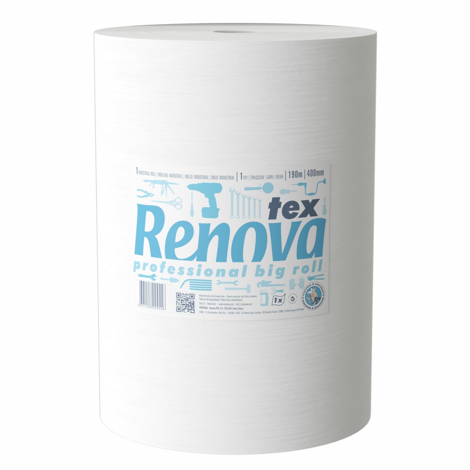 RENOVA Bobina Industrial Tex Blanca, 500 Servicios, 190 m, Efecto Tela | Papel blanco 80 g/m2, 500 servicios de 380x400 mm, 190 metros, utilización en seco y en húmedo