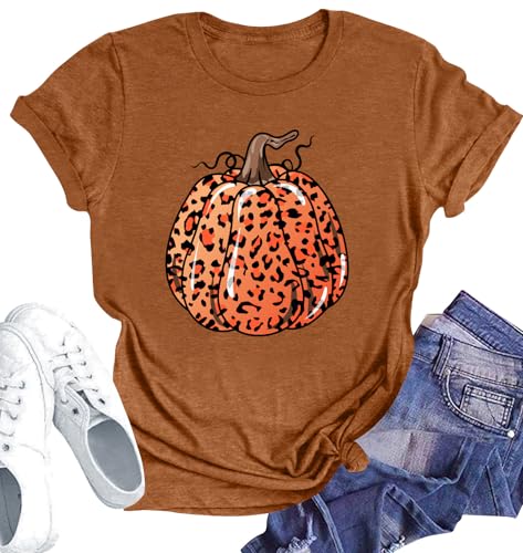 Hello Fall Shirts for Women Leopard Pumpkin Graphic T-Shirts Funny Thanksgiving Gifts Tee Tops, Orange1, M