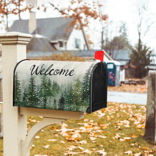 Image of Winter Welcome Mailbox Cover Magnetic Standard Size 21 inchx 18 inch Green Winter Pine Tree Decorative Mail Box Covers Christmas Snowflake Holiday Mailbox Wraps Post Letter Box Cover for Home Garden Yard