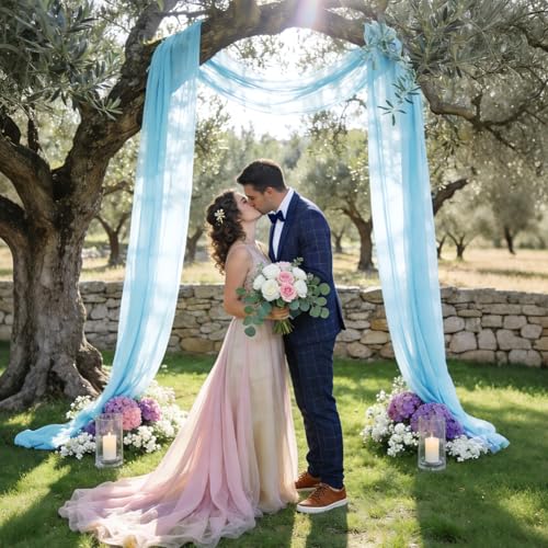 VOK Blue Wedding Arch Draping Fabric Chiffon Fabric, 29in x 18Ft Sheer Chiffon Outdoor Curtain for Wedding Ceremony Birthday Party Decoration (Blue,1 Panel) by VOK - Used condition - Image 3