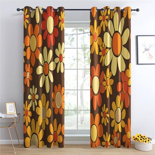 Luxfieo Rideau Occultant Années 70 - Décoration Fleurs Retro, Rideau Thermique Motif Bohème Hippie, Lot de 2 Rideaux Opaque à Oeillets pour Fenetre Chambre...