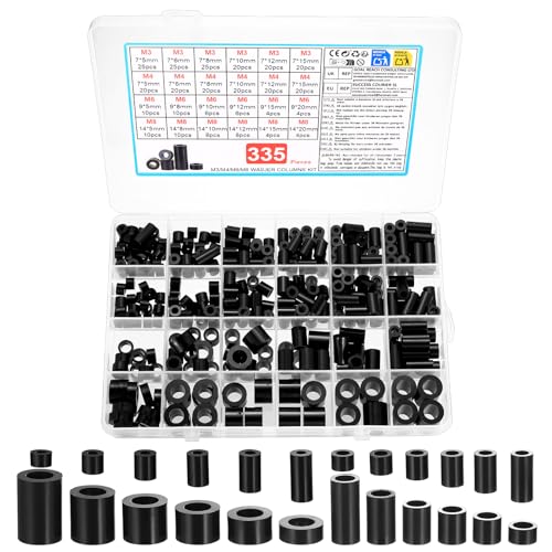 335 separadores de plástico ABS, manguitos espaciadores de nailon, casquillos de plástico, M3, M4, M6, M8, aislamiento redondo, sin rosca para tornillos de placas de circuitos impresos (negro, 24