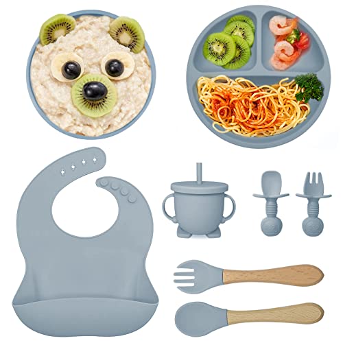 Saponhonix Set Pappa Svezzamento 8 Pezzi Silicone Kit con Ventosa Piatto Cucchiaio Forchetta Ciotola Bavaglino Tazza, Impermeabili per Neonato Bambino, Blu