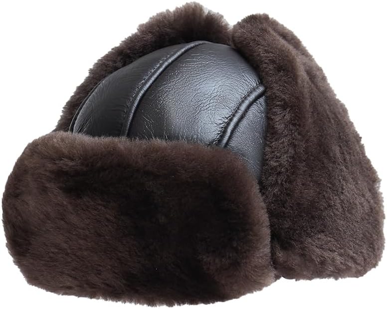 Leather Hats for Men Women Winter Warm Aviator Russianr Hat Shearling Sheepskin Hunting Hat - Image 2