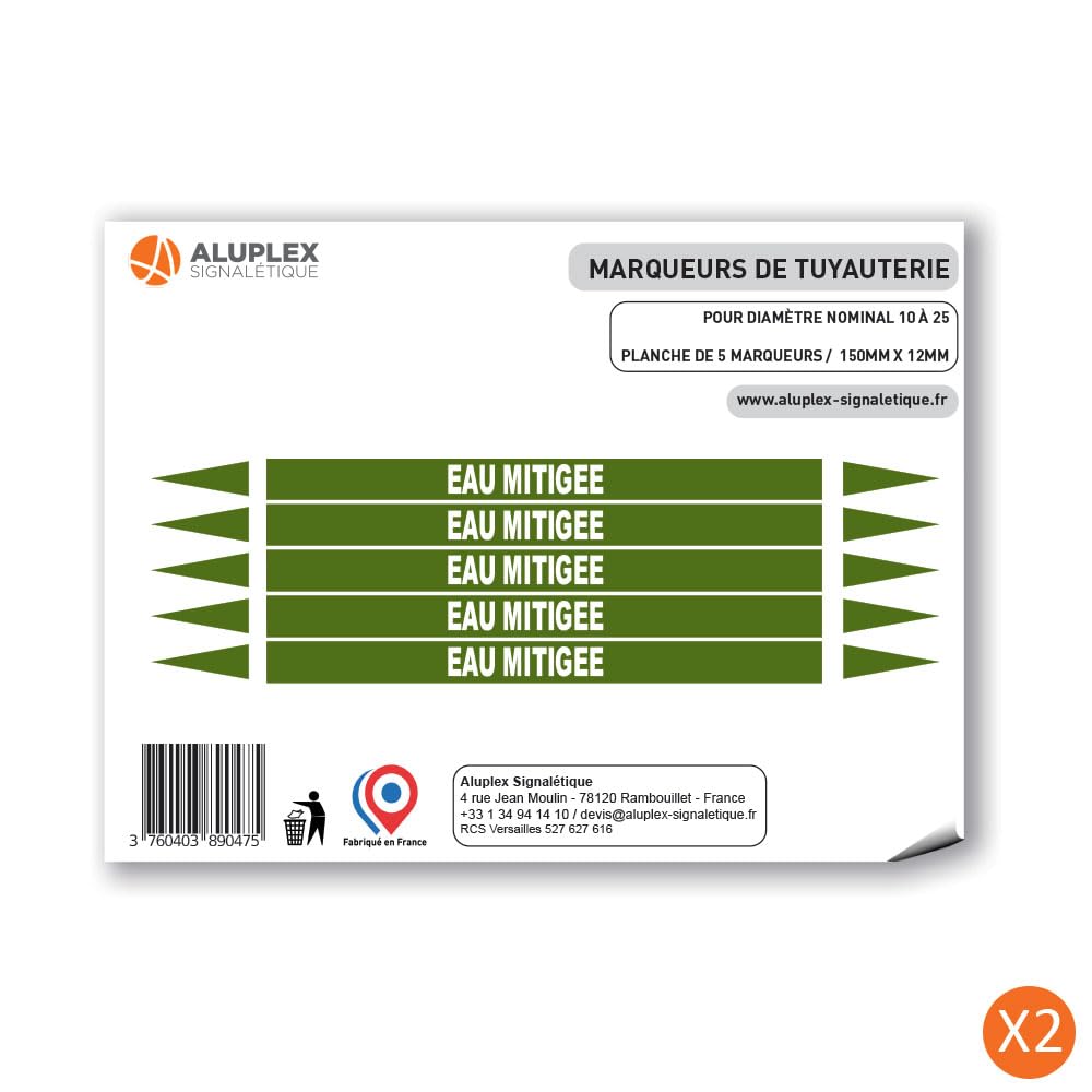 Planche de 10 marqueurs de tuyauterie EAU (Ø DM 10 à 25) pour fluide EAU MITIGÉE / 150 x 12mm