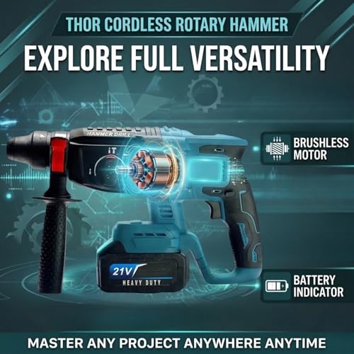 Image of THOR 21V Cordless Rotary Hammer Drill - Brushless Motor, 4.0Ah Lithium-Ion Battery, SDS Plus Chuck 26mm, 4 Modes, 2.2J Impact Energy, 0-1200 RPM, 5000 IPM, Lightweight 4.45lbs