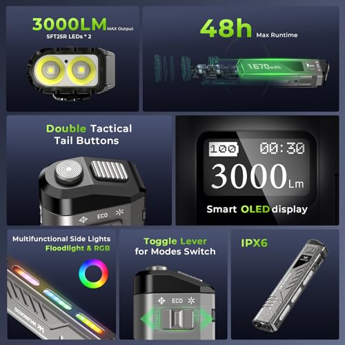 Image of Wurkkos TD11 Tactical Flashlight, 3000 Lumen Slim Flat EDC flashlight, USB-C Rechargeable Flashlights with OLED Display, Dual Tactical Buttons, Spotlight /Floodlight /RGB, IPX6 for Camping & Emergencies
