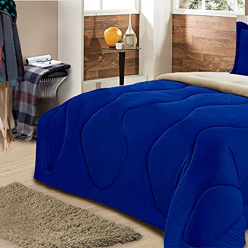 Kit Edredom Casal de Malha Dupla Face Requinte 3 Peças Azul e Bege Casa Dona