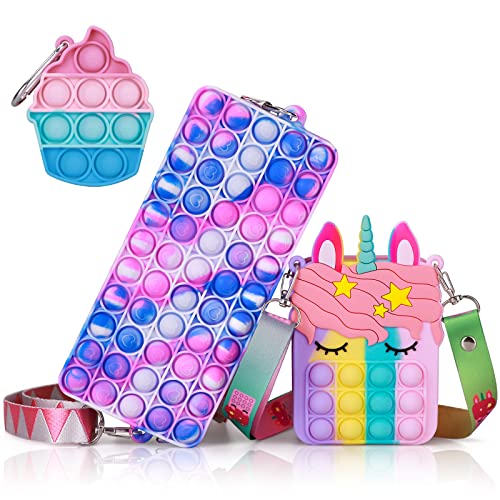 LeaZoole Pop Purse Fidget Toys for Girls Crossbody, 3 Pack Pop Shoulder Bag Push Bubble Toys Popper Fidget Purse, School Supplies Pop Bag Fidgets Silicone Hand Bag Stress Relief Gifts for Girls