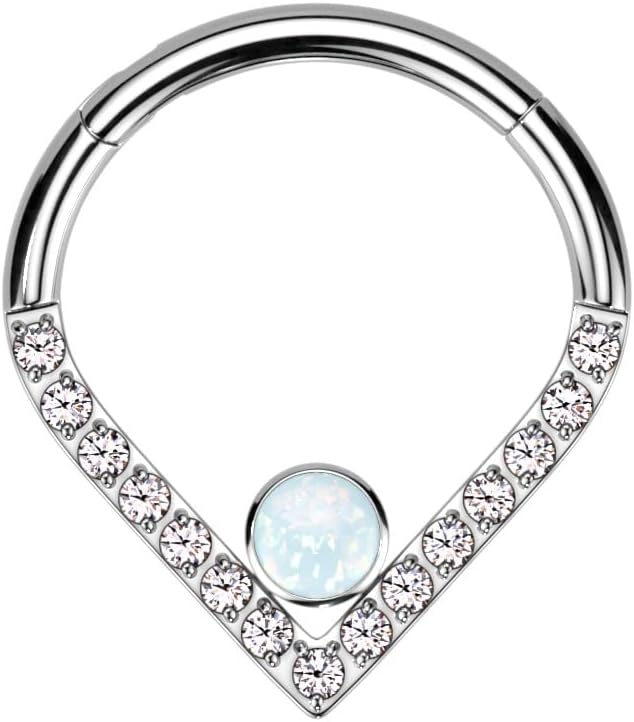 Pierced Owl 16GA F136 Implant Grade Titanium Synthetic Opal Center and CZ Crystal Lined Chevron Shaped Hinged Segment Ring (8mm (5/16") Diameter)