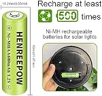 Henreepow Ni-MH AA Batteries rechargeables, double une grande capacité 1.2V Pré-charged pour jardin paysage lumières solaires extérieures, chaînes de lumières, lumières de chemin (AA-600mAh-12pack)