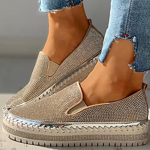 Vetcoy Women Casual Fashion Rhinestone Slip-On Sneakers, Glitter Loafers Slippers For Women, Fashion Crystal Rhinestones Flatform Shoes Thick-Soled Flats Sneakers Platform Loafers Flats (Beige, 9) #TOP2