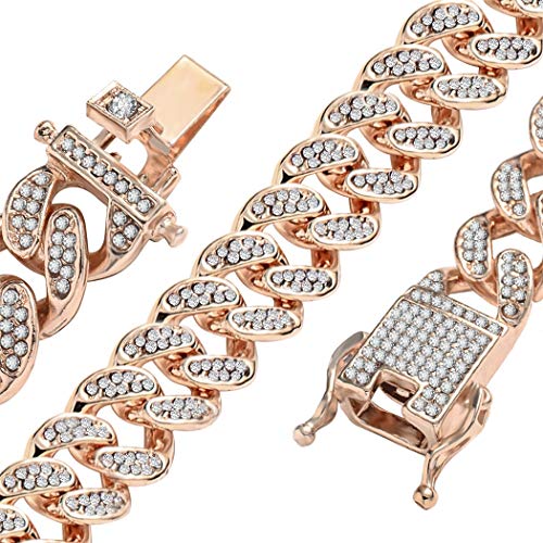 Wealthmao 13Mm Cuban Link Chain For Mens Women Heavy Strong Necklaces Chains Iced Out Miami Curb Chain Bling Bling Hip Hop Necklace Chain Rose Gold Plated Rhinestone Cz Clasp Jewelry Choker Chain 8" #TOP4