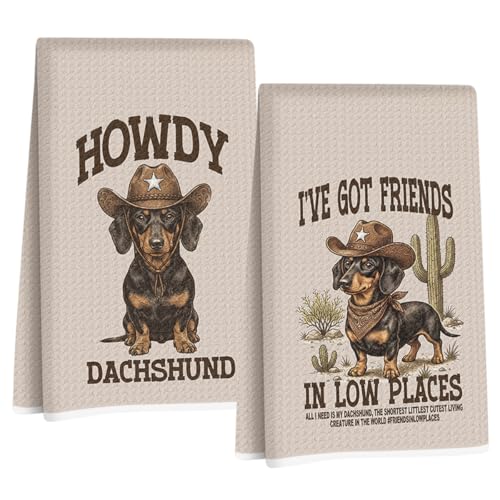 Image of 2 Pcs Western Dachshund Kitchen Towels 24x14 Inch, Preppy Cowboy Dachshund Gifts Reusable Dish Towels for Kitchen Decor, Waffle Weave Absorbent Hand Cloth Tea Towel, Weiner Dog Gifts for Women Friend