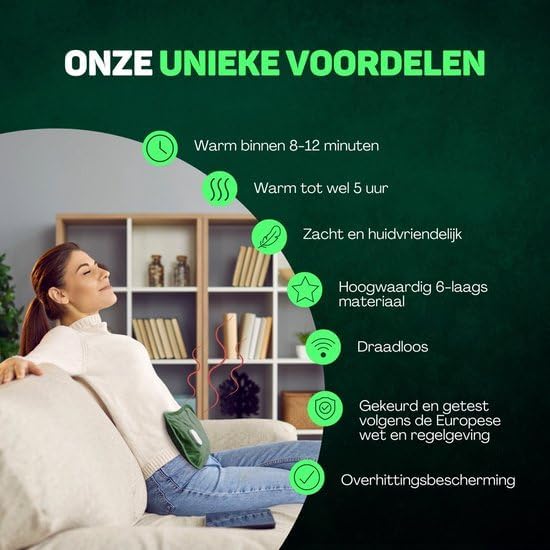 Infographic showing benefits like 8-12 minute heating, up to 5 hours warmth, soft material, 6-layer material, wireless, European certified, and overheating protection.
