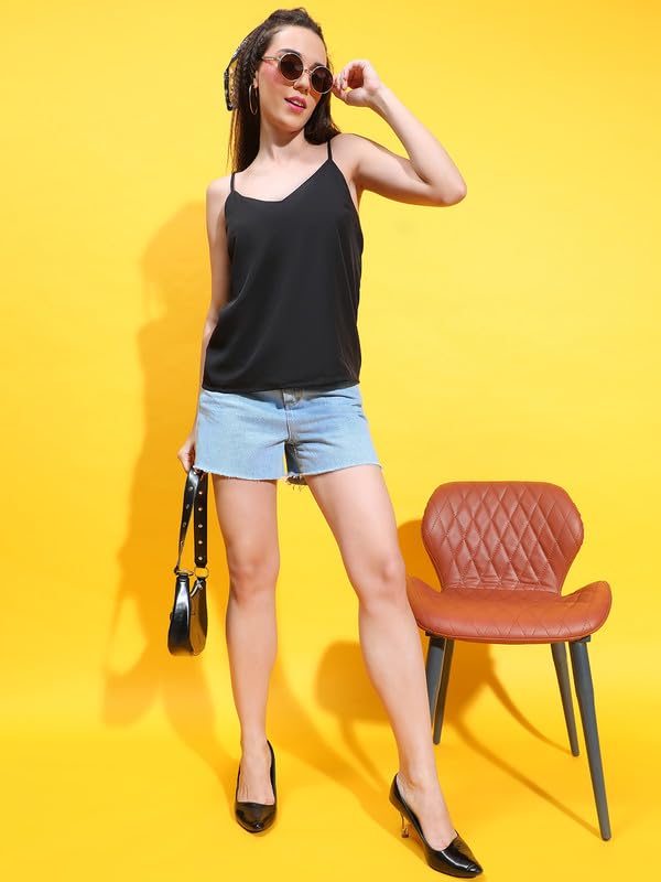 Image of oxolloxo Women Solid Black V-Neck Sleeveless Strappy Top