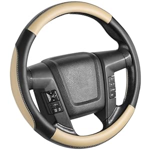 SEG Direct Car Steering Wheel Cover Large-Size for F150 F250 F350 Ram 4Runner Tacoma Tundra Range Rover with 15 1/2 inches-16 inches Outer Diameter, Black and Beige Microfiber Leather