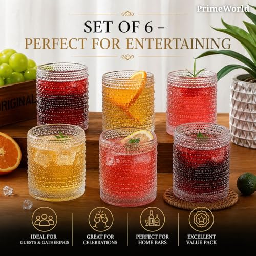 Image of PrimeWorld Whiskey Glass Set of 6 - 300ml | Premium Crystal-Clear Tumblers for Whiskey, Scotch, Bourbon, Cocktails & Spirits | Lead-Free, Heavy Base Old-Fashioned Glasses for Home Bar & Gifting