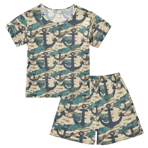 ALAZA Anchor Geometric Camouflage Pajama Set Short Sleeve Sleepwear Soft Lounge Nightwear