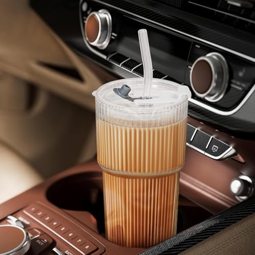 Image of FUNKYFINDS Ribbed Glass Cup with Lid and Straw 600ml, 1 PCS Glass Tumbler with Straw and Lid, Iced Coffee and Tea Cups Drinking Glasses for Juice Milk Water Lemon Soda, Beer Drinking Glasses