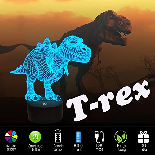 FULLOSUN 3D Dinosaur Bedside Lamp, T-rex Illusion Optical Night Light 16 Colors Changing Remote Control Cool Child's Room Decor Xmas Birthday Gift for Kids Baby Boy by FULLOSUN - Image 8