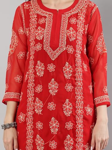 Image of Seva Chikan Hand Embroidered Lucknowi Chikankari Georgette Kurta with Inner Slip for Women SCL4431