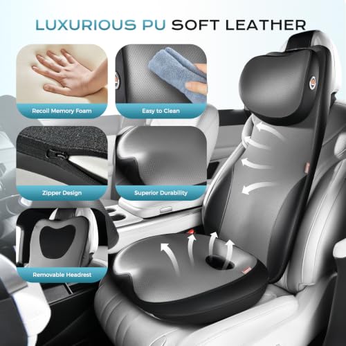 Image of Coverado Car Seat Cushion and One Piece Lumbar Support with Headrest Pillow, Ergonomic Memory Foam Car Back Support, Adjustable Velcro Design Car Neck Pillow, Sciatica Back Neck Pain Relief, Blackgray