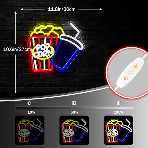Image of Popcorn Neon Sign Cinema LED Sign Dimmable Neon Lights for Business Dining Car Dessert Party Popcorn Light Up Sign Neon Wall Art Decor