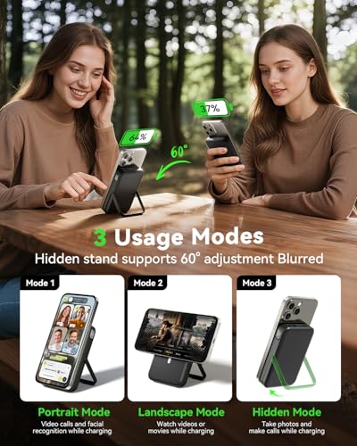 LENUTO for Magsafe Battery Pack 10000mAh Power Bank with Foldable Stand Portable Charger,PD 22.5W Fast Charge,Travel Essential Wireless Charger for iPhone 16/15/14/13/12 SeriesâBlack - Image 4