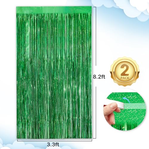 Image of Green Party Streamers 2Pack Foil Fringe Curtains 3.3 x 8.3ft Door Streamers Metallic Tinsel Curtain New Year Party Decors Glitter Streamers Decors Photo Booth Tinsel Streamers Birthday Party Decors
