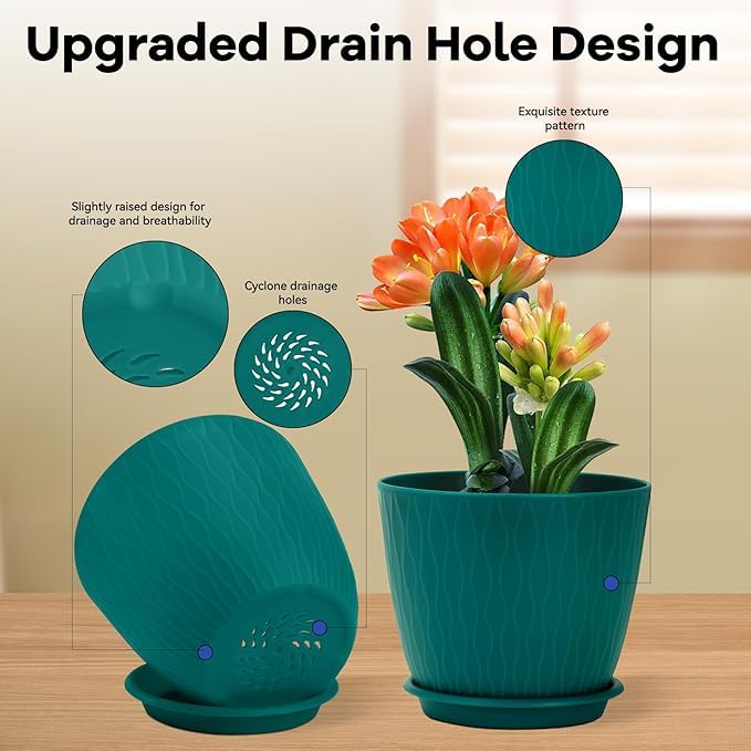 Image of StyleX Store Plastic Round Flower Pots With Drainage Hole Saucers | Durable Outdoor Indoor Wave Pattern Planters with Tray | Plant Container for Garden, Office, Balcony and Home (Set of 5, Blue Green)