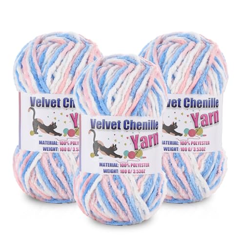 Image of 3 * 100g /3.5oz Fluffy Chenille Yarn for Crocheting, Chunky Velvet Yarn for Crochet Amigurumi, Used for Making Baby Yarns Blanket, Clothes, Pattern Knitting Creations (Colorful-E)