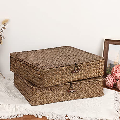 Image of Hipiwe 2 Packs FLat Woven Wicker Basket Bin with Lid, Large Seagrass Baskes