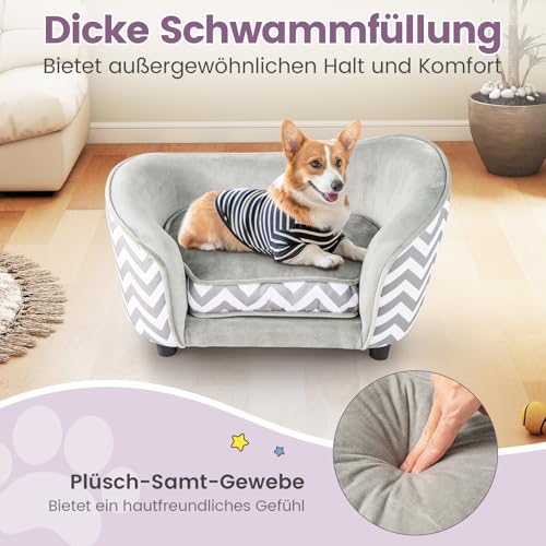 COSTWAY Katzenbett, kleines Hundesofa, 70 x 41 x 40 cm, Katzensofa mit weichem gepolstertem Kissen & waschbarem Bezug, Haustiersofa für kleine Hunde Katzen, Katzencouch bis 50 kg, Grau+Weiß