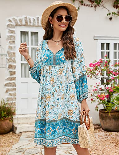 Image of Bluetime Women Casual Summer Dress Boho V Neck 3 /4 Sleeve Babydoll Floral Print Flowy Beach Dress