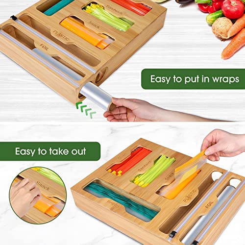 Ziplock Bag Storage Organizer Bamboo - 6 In 1 Wrap Dispenser With Cutter, Suitable For Gallon, Quart, Sandwich & Snack Bag, Cling Film, Aluminum Foil Etc; Compatible With 12" Kitchen Rolls #TOP4
