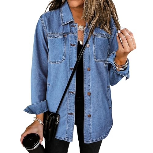 Denim Jackets for Women Trendy Long Sleeve Button Down Shirt Jacket Jean Shacket with Pocket Western Work Jacket