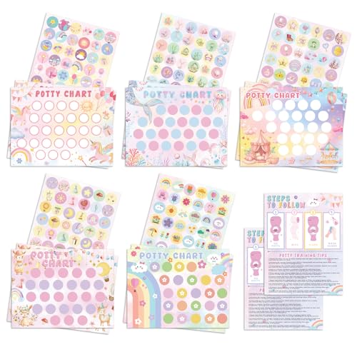 Potty Training Chart for Girls, 17 PCS Potty Training Sticker Chart Set, 5 Fantasy Themes Potty Chart Including Unicorn, Mermaid, Princess, etc.