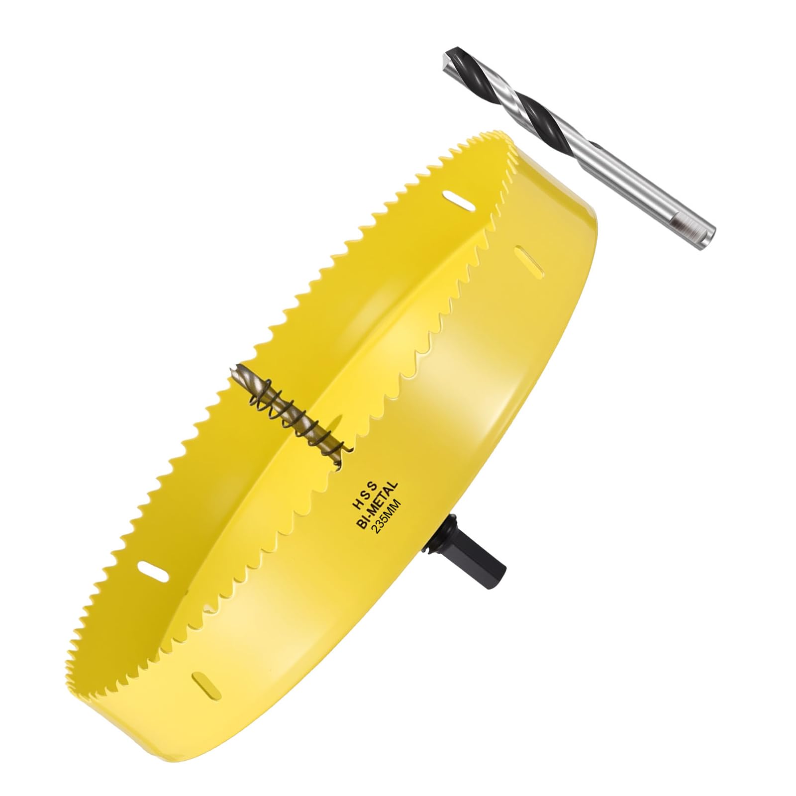 METALLIXITY Sierra Perforadora Bimetálica 235mm, M42 HSS Sierra Taladro con Llave Hexagonal, Punta Guía y Resorte para Taladrar, Chapa Metálica, Placa de Plástico y Tableros de PVC, Amarillo